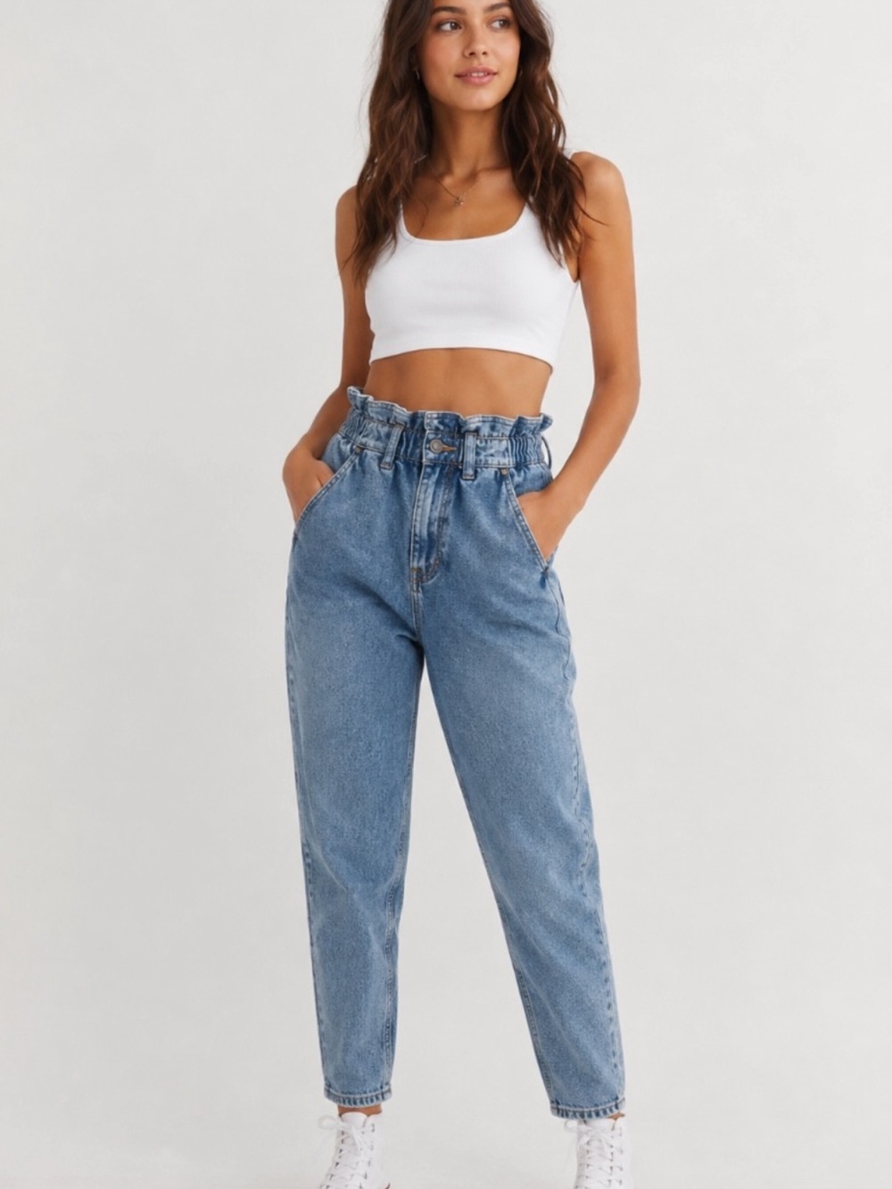 PacSun High Waisted Paperbag Denim Mom Jeans Medium Wash Blue Size S 100% Cotton